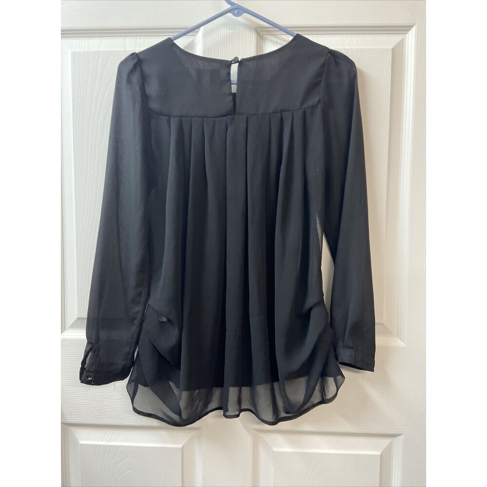 Everly Top Womens Small Black Sheer Dressy Black Blouse Long Sleeve - Picture 5 of 6